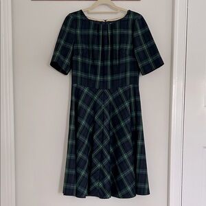 Boden Vintage Navy and Green Plaid Midi Dress